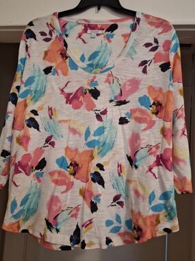 Chico's White Floral Print Long Sleeve V Neck Cotton Shirt size XL